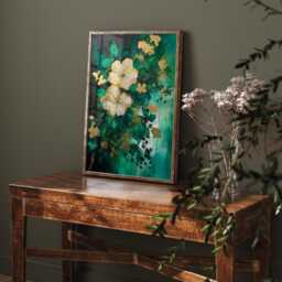 Emerald Green & Gold Floral Wall Art Print - Botanical Flower Decor - thumbnail 3