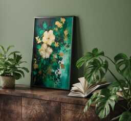 Emerald Green & Gold Floral Wall Art Print - Botanical Flower Decor - thumbnail 1