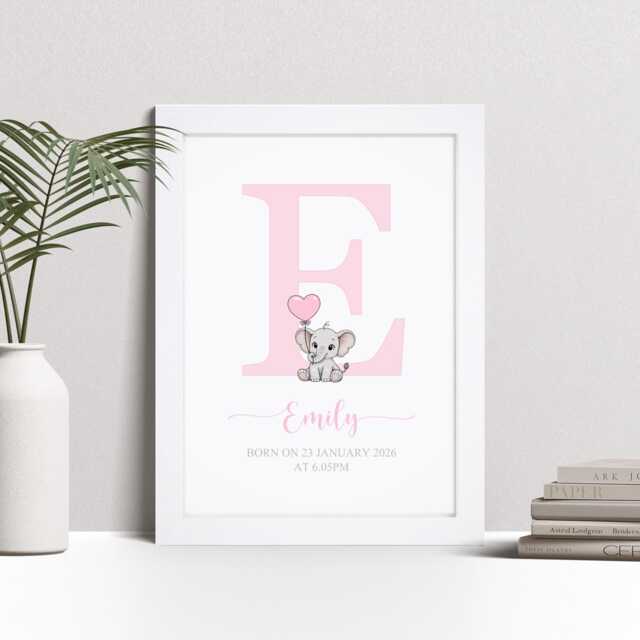 Personalised Elephant Baby Initial Print, Custom Nursery Wall Art, New Gift - image 1