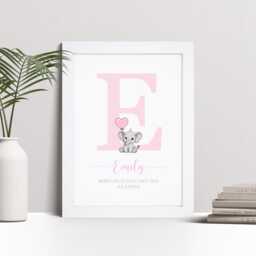 Personalised Elephant Baby Initial Print, Custom Nursery Wall Art, New Gift - thumbnail 1