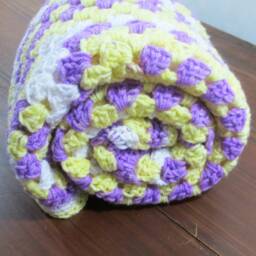 Handmade Granny Square Baby Blanket Yellow, Purple & White Afghan - thumbnail 1