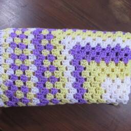 Handmade Granny Square Baby Blanket Yellow, Purple & White Afghan - thumbnail 2