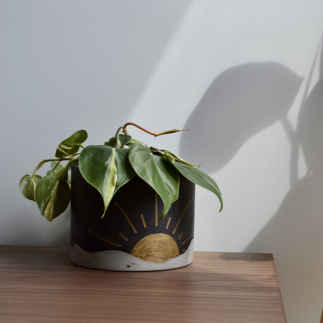 Minimalist Charcoal Gold Sun Planter Concrete Home Decor, Drainage Options - image 1