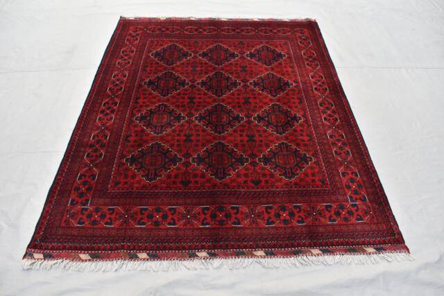 Handwoven Wool Bukhara Rug 6.10x4.10 Ft Red & Blue Geometric Carpet - image 1