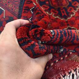 Handwoven Wool Bukhara Rug 6.10x4.10 Ft Red & Blue Geometric Carpet - thumbnail 4