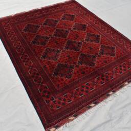 Handwoven Wool Bukhara Rug 6.10x4.10 Ft Red & Blue Geometric Carpet - thumbnail 2