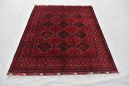 Handwoven Wool Bukhara Rug 6.10x4.10 Ft Red & Blue Geometric Carpet - thumbnail 1