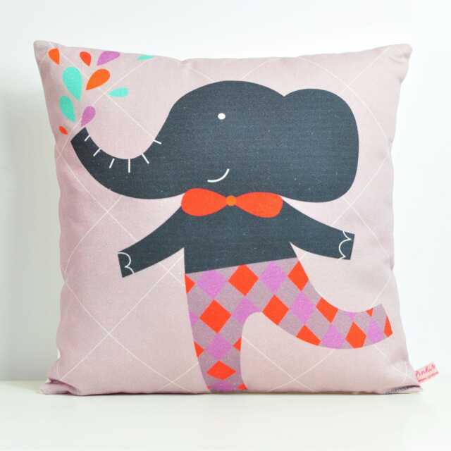 Decorative Throw Pillow For Kids Room With Boy Elephant in Gray, By Pinknounou - image 1