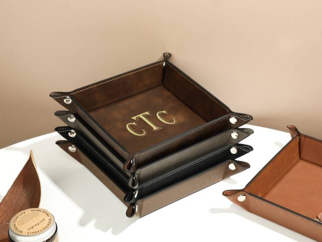 Personalized Engraved Leather Tray, Valet Tray For Men, Small Leather Trinket Trays, Foldable - image 1