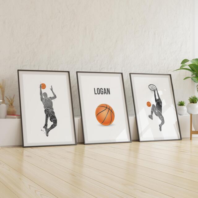 Basketball Prints, Set Of 3 Boys Bedroom Wall Art, Basketball Personalised Prints With Name, Teen Decor, Gift For Fan - image 1