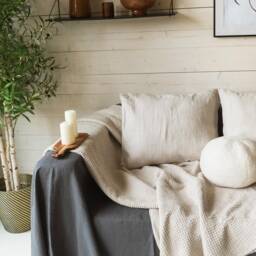 Linen Bedspread in Cream. Waffle Bed Throw. Blanket Oatmeal - thumbnail 2