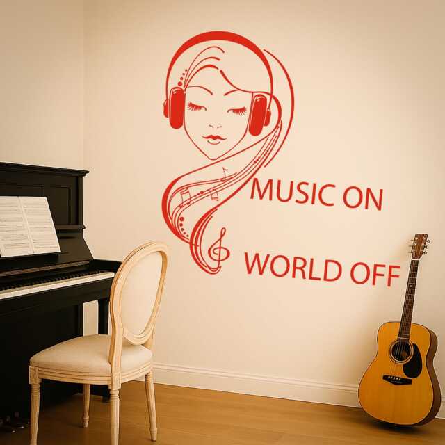 Wall Vinyl Decal Music On World Off Quote Teenage Girl in Headphones Musical Keys & Notes 1069Di - image 1