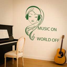 Wall Vinyl Decal Music On World Off Quote Teenage Girl in Headphones Musical Keys & Notes 1069Di - thumbnail 2
