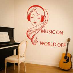 Wall Vinyl Decal Music On World Off Quote Teenage Girl in Headphones Musical Keys & Notes 1069Di - thumbnail 1