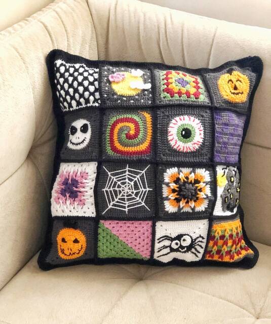 Custom Halloween Patchwork Throw Pillow, Unique Crochet Cushion Cover, Spooky Granny Square Pillowcase, Fall Home Decor Sofa Pillow Gift - image 1