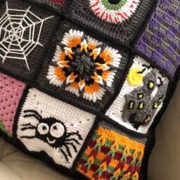 Custom Halloween Patchwork Throw Pillow, Unique Crochet Cushion Cover, Spooky Granny Square Pillowcase, Fall Home Decor Sofa Pillow Gift - thumbnail 3