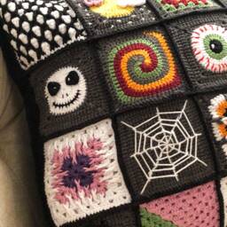 Custom Halloween Patchwork Throw Pillow, Unique Crochet Cushion Cover, Spooky Granny Square Pillowcase, Fall Home Decor Sofa Pillow Gift - thumbnail 2
