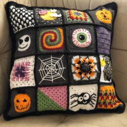 Custom Halloween Patchwork Throw Pillow, Unique Crochet Cushion Cover, Spooky Granny Square Pillowcase, Fall Home Decor Sofa Pillow Gift - thumbnail 4