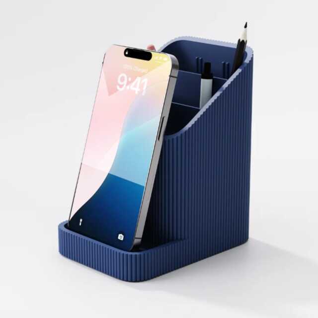 Desk Organiser Phone Stand - Modern Ribbed Pen Pot 3D Printed Tidy Stationery Holder Minimalist Office Storage UK Made Gift - image 1