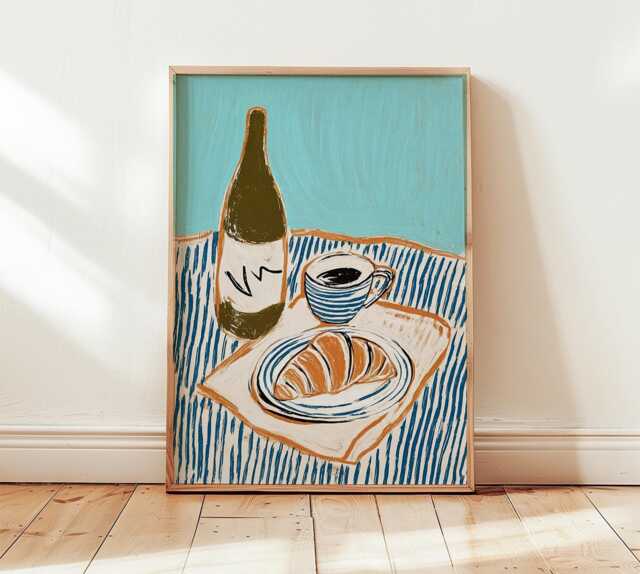 French Breakfast Wall Art, Modern Still Life Print, Croissant & Coffee Poster, Minimalist Kitchen Illustration in Blue Tan - image 1