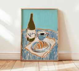 French Breakfast Wall Art, Modern Still Life Print, Croissant & Coffee Poster, Minimalist Kitchen Illustration in Blue Tan - thumbnail 1