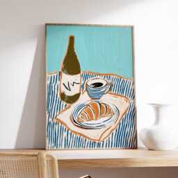 French Breakfast Wall Art, Modern Still Life Print, Croissant & Coffee Poster, Minimalist Kitchen Illustration in Blue Tan - thumbnail 3