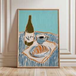 French Breakfast Wall Art, Modern Still Life Print, Croissant & Coffee Poster, Minimalist Kitchen Illustration in Blue Tan - thumbnail 2