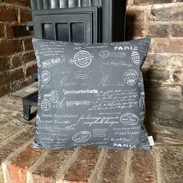 372. Handmade Grey Post Card 100% Cotton Cushion Cover 16x16