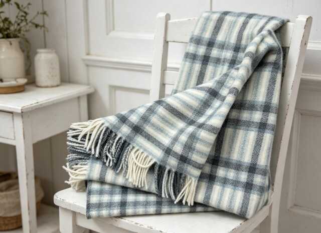 Blanket/Throw, 100% Pure New Wool, White, Sage Green, Sea Check, C/W Fringe Edge 140x185cms - image 1