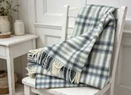 Blanket/Throw, 100% Pure New Wool, White, Sage Green, Sea Check, C/W Fringe Edge 140x185cms - thumbnail 1