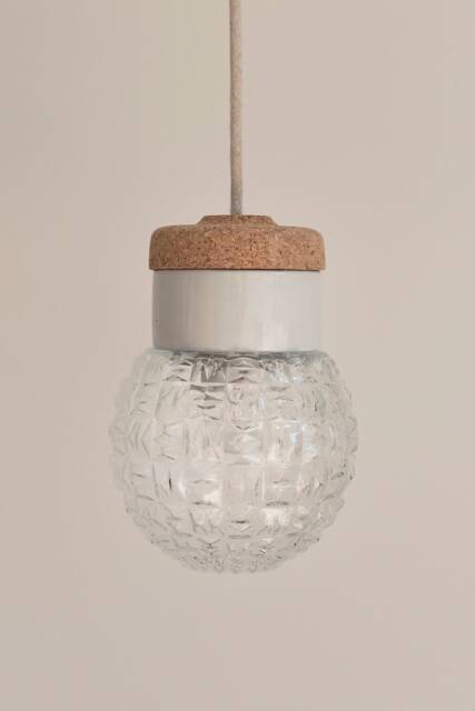 Small Globe Pendant Lamp With Transparent, Hand Glown Glass & Cork, Light, Transparent Light Fixture, Ceiling Lighting - image 1