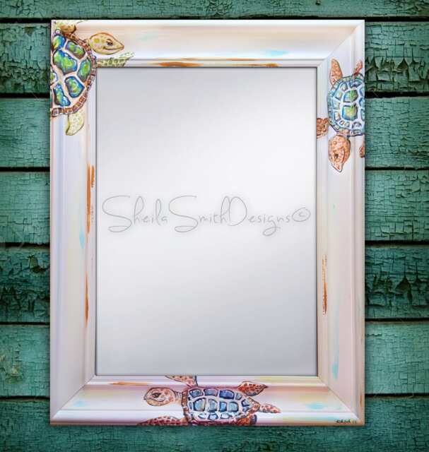 Hand Painted Turtle Mirror, Beach Decor, House Art, Theme Mirror, Decor, Turtle Bathroom, Art - image 1
