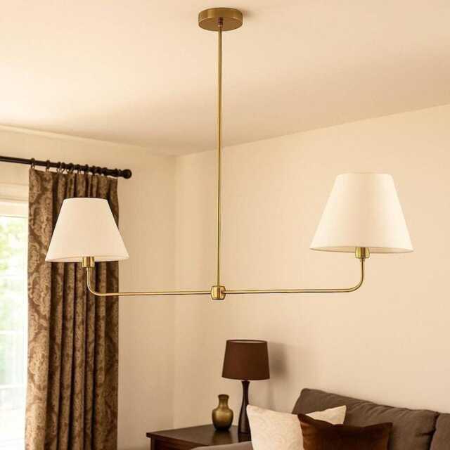 Mid Century Modern Brass Handmade Lighting Two-Arm Linen Chandelier, Shade Pendant Light Home Decor - image 1