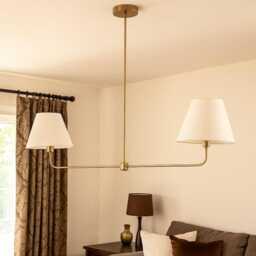 Mid Century Modern Brass Handmade Lighting Two-Arm Linen Chandelier, Shade Pendant Light Home Decor