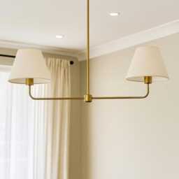 Mid Century Modern Brass Handmade Lighting Two-Arm Linen Chandelier, Shade Pendant Light Home Decor - thumbnail 3