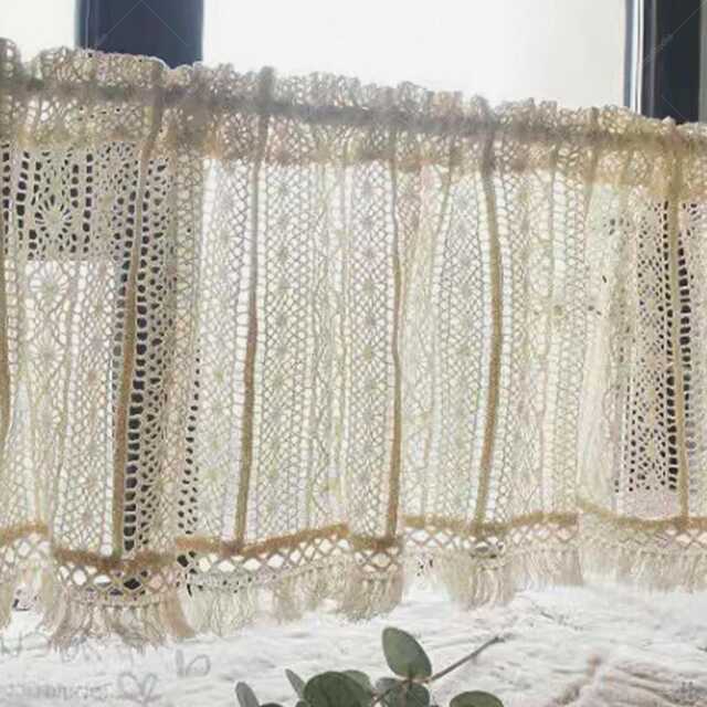 Vintage Crochet Kitchen Curtain Beige Semi-Sheer Short Valance - image 1
