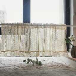 Vintage Crochet Kitchen Curtain Beige Semi-Sheer Short Valance - thumbnail 2