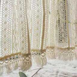Vintage Crochet Kitchen Curtain Beige Semi-Sheer Short Valance - thumbnail 3