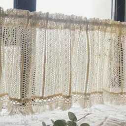 Vintage Crochet Kitchen Curtain Beige Semi-Sheer Short Valance - thumbnail 1