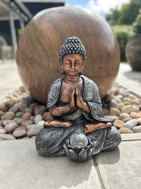 Large Copper & Silver Praying Buddha Garden Decoration With Solar Light Gift - image 1