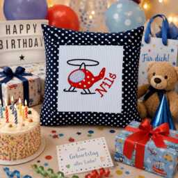 Embroidered Cushion Helicopter + Name //Light Blue - Navy// 40x40 cm Cushion Cover Gift Cuddly Snuggle Personalized - thumbnail 4