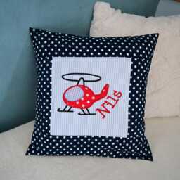 Embroidered Cushion Helicopter + Name //Light Blue - Navy// 40x40 cm Cushion Cover Gift Cuddly Snuggle Personalized - thumbnail 1