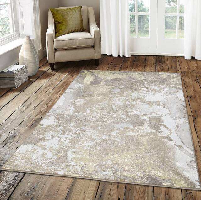 New Modern Beige Gold Splash Design Rug Colourful Silky Soft Good Quality Floor Area Mats UK - image 1