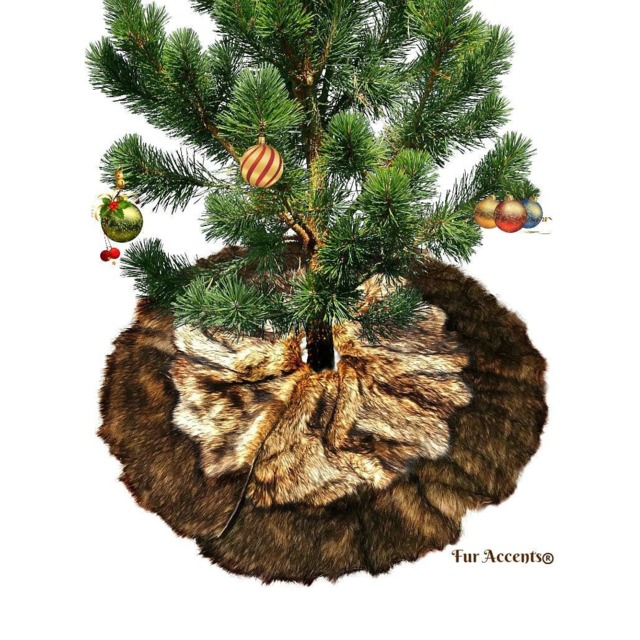 Faux Fur Christmas Tree Skirt - Golden Brown Wolf, Bear Skin Border - image 1