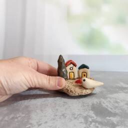 Whimsical Gift Of Miniature Village With Clay Houses, Bird & A Tree On Natural Mediterranean Beach Stone. A Ooak Unique - thumbnail 1