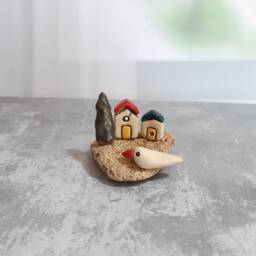 Whimsical Gift Of Miniature Village With Clay Houses, Bird & A Tree On Natural Mediterranean Beach Stone. A Ooak Unique - thumbnail 2