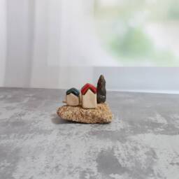 Whimsical Gift Of Miniature Village With Clay Houses, Bird & A Tree On Natural Mediterranean Beach Stone. A Ooak Unique - thumbnail 4