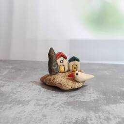 Whimsical Gift Of Miniature Village With Clay Houses, Bird & A Tree On Natural Mediterranean Beach Stone. A Ooak Unique - thumbnail 3