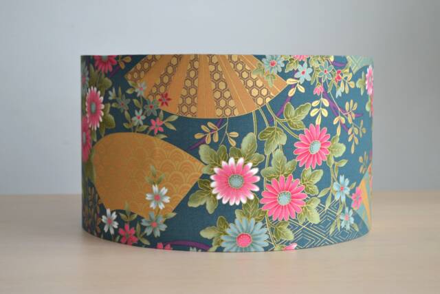 Golden Blue Japanese Fabric Table Lamp, Fan & Multi-Colored Flowers, Flower Floor Cotton Suspension - image 1