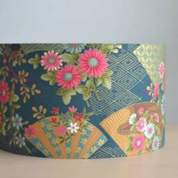 Golden Blue Japanese Fabric Table Lamp, Fan & Multi-Colored Flowers, Flower Floor Cotton Suspension - thumbnail 3